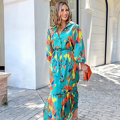 Lapel Button Printed Maxi Dress