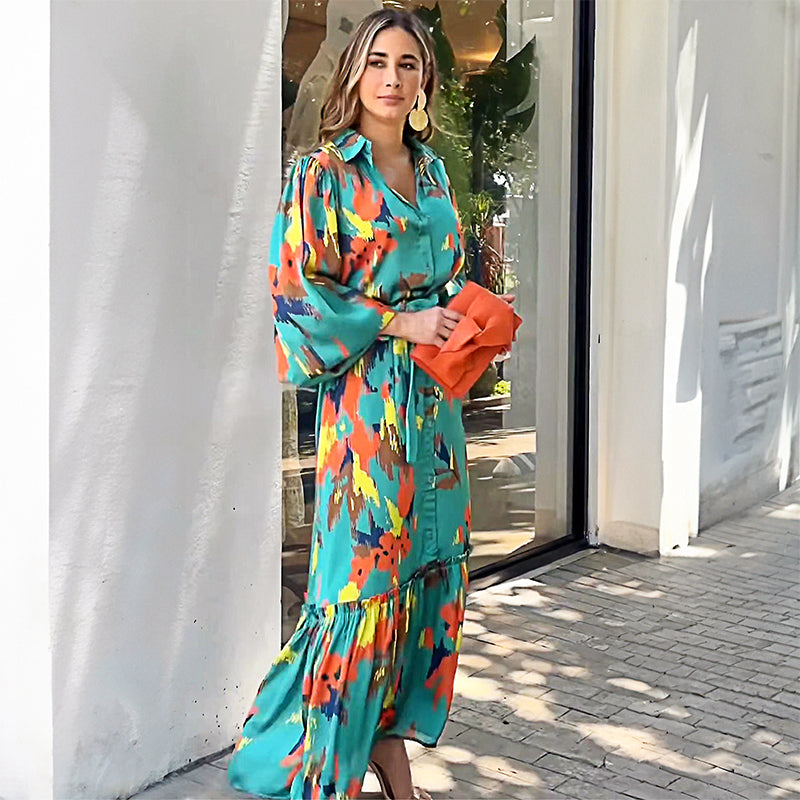 Lapel Button Printed Maxi Dress