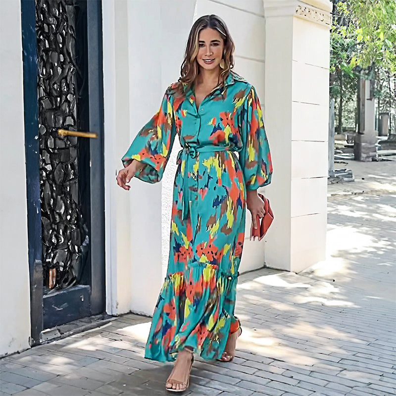 Lapel Button Printed Maxi Dress