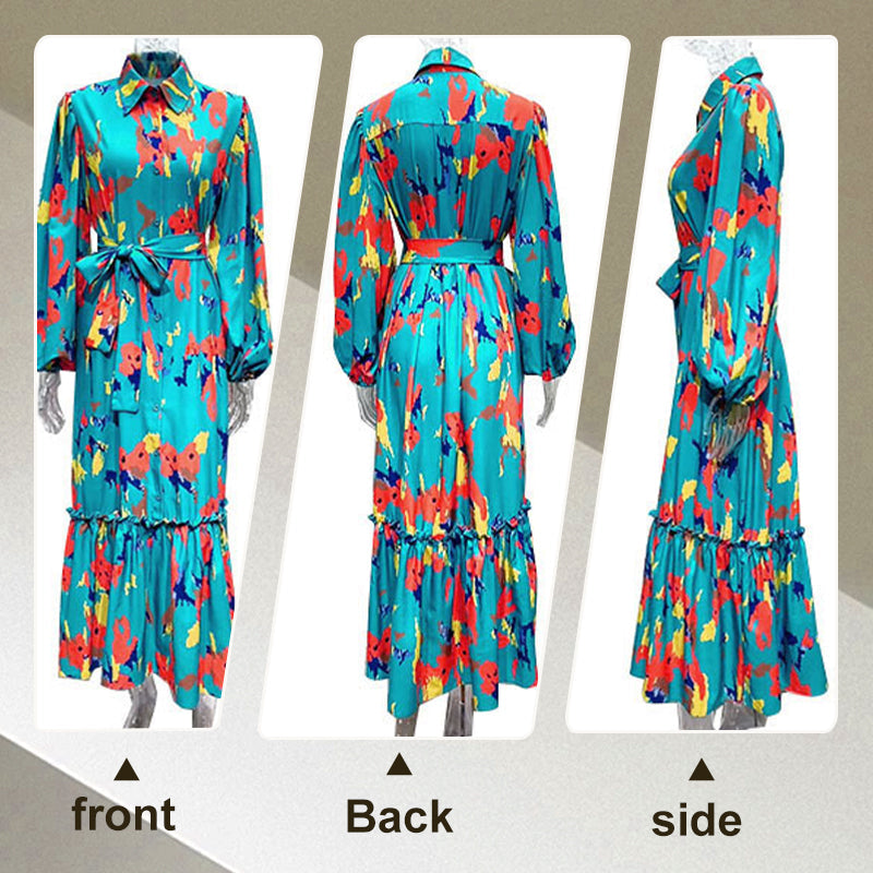 Lapel Button Printed Maxi Dress