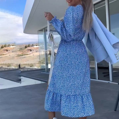 Women’s Blue Printed V-neck Long-sleeve Dress